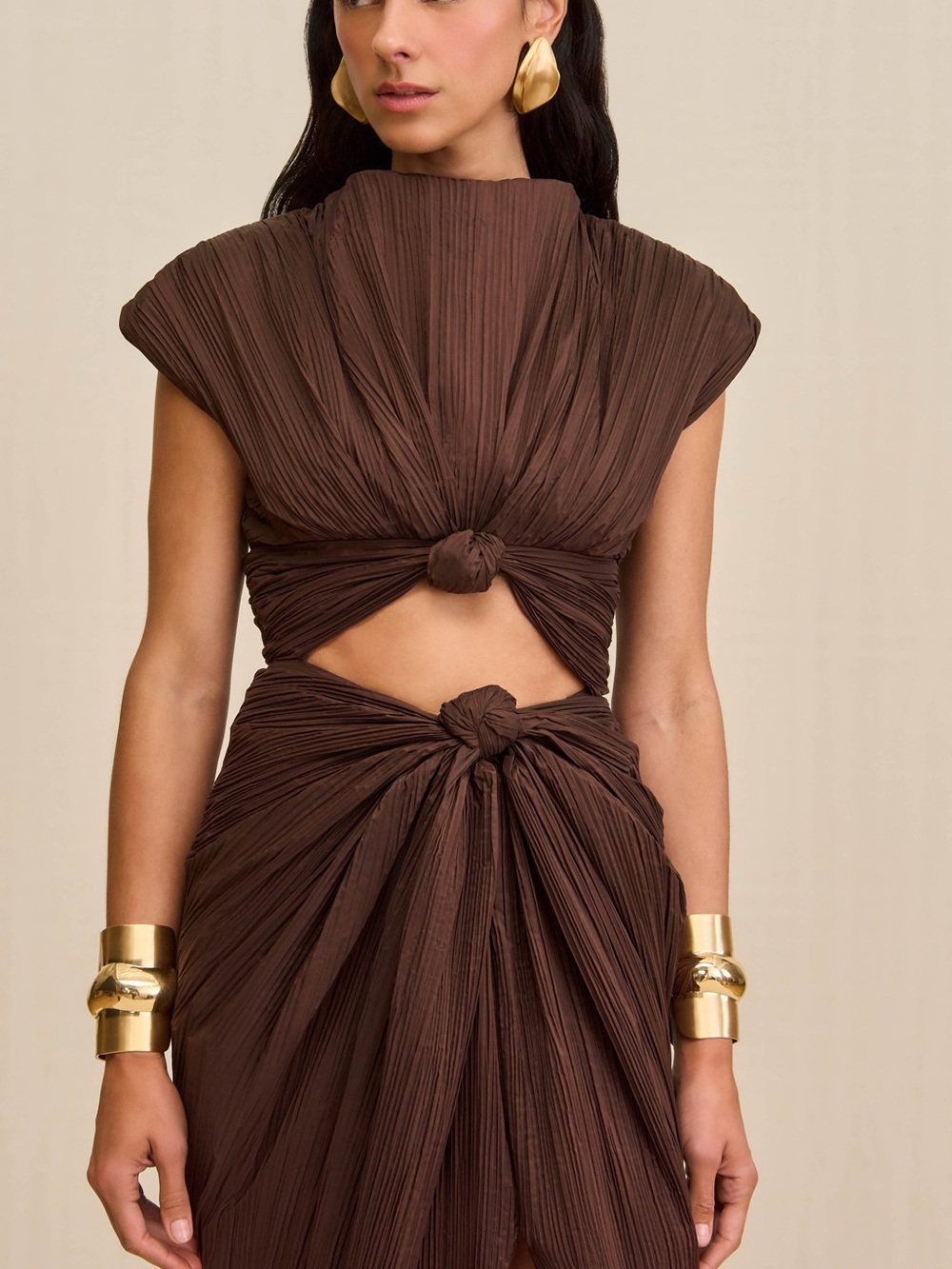 cult gaia ‘Inaya’ Brown Knotted Cutout Midi Dress - Picture 2 of 8
